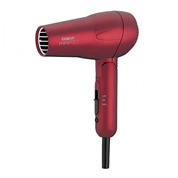 Conair miniPRO 전기석 세라믹 여행용 헤어드라이어(접이식 손잡이 포함), 레드