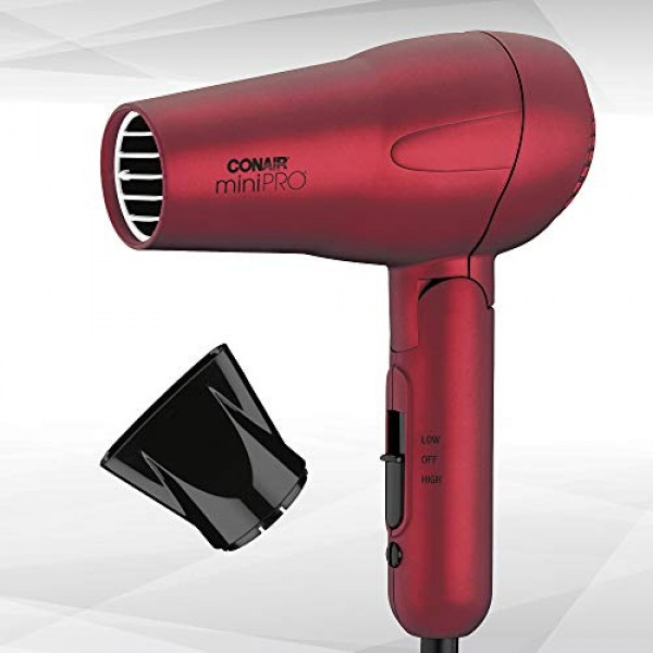Conair miniPRO 전기석 세라믹 여행용 헤어드라이어(접이식 손잡이 포함), 레드