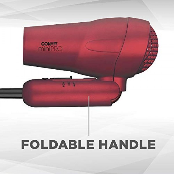 Conair miniPRO 전기석 세라믹 여행용 헤어드라이어(접이식 손잡이 포함), 레드
