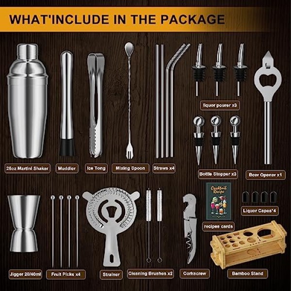 30pcs Mixology 바텐더 키트 스탠드, Secilla 25oz 바 세트 칵테일 셰이커 세트, 전문 바텐더 키트 홈 바 도구 세트 바 액세서리