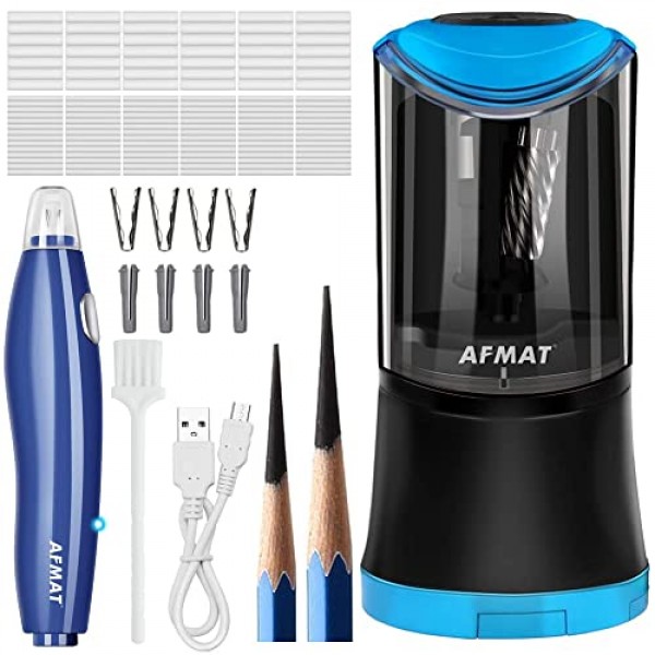 AFMAT 롱 포인트 연필깎이, 6-9.6mm 대형 연필용 충전식 아트 연필깎이, 예술가용 충전식 전기 지우개, 지우개 리필 140개
