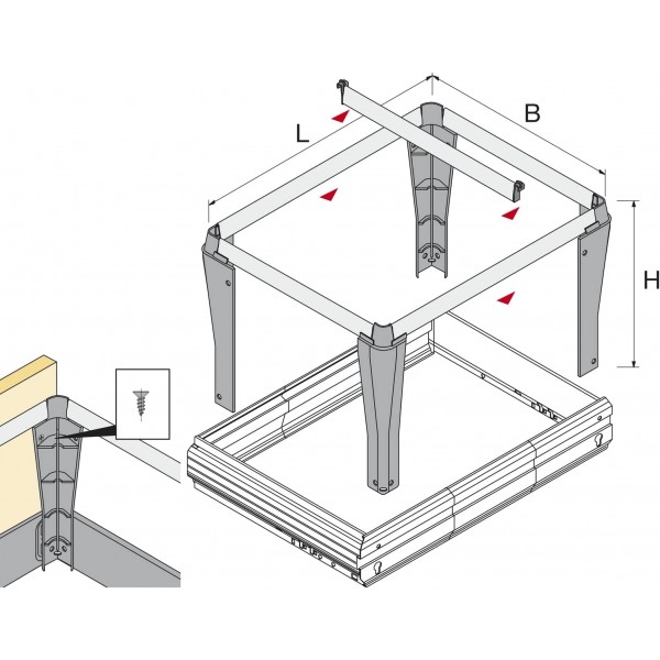 HETTICH 9039927 Systema Top 2000 행잉 프레임(서랍 프레임), 504 x 350 x 244mm, 스틸/플라스틱 알루미늄 효과, 실버