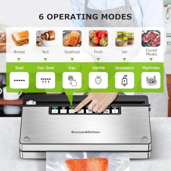 Bonsenkitchen 진공 실러 기계, 8-in-1 진공 밀봉 시스템을 갖춘 스테인레스 스틸 진공 식품 실러, 6가지 식품 진공 모드, 내장 커터 및 가방 보관함(스타터 키트 포함)
