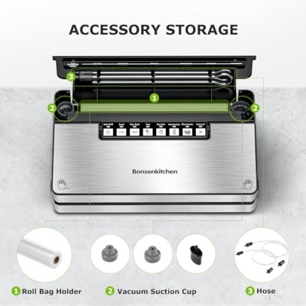 Bonsenkitchen 진공 실러 기계, 8-in-1 진공 밀봉 시스템을 갖춘 스테인레스 스틸 진공 식품 실러, 6가지 식품 진공 모드, 내장 커터 및 가방 보관함(스타터 키트 포함)