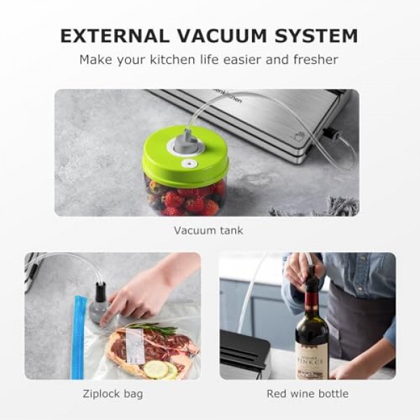 Bonsenkitchen 진공 실러 기계, 8-in-1 진공 밀봉 시스템을 갖춘 스테인레스 스틸 진공 식품 실러, 6가지 식품 진공 모드, 내장 커터 및 가방 보관함(스타터 키트 포함)