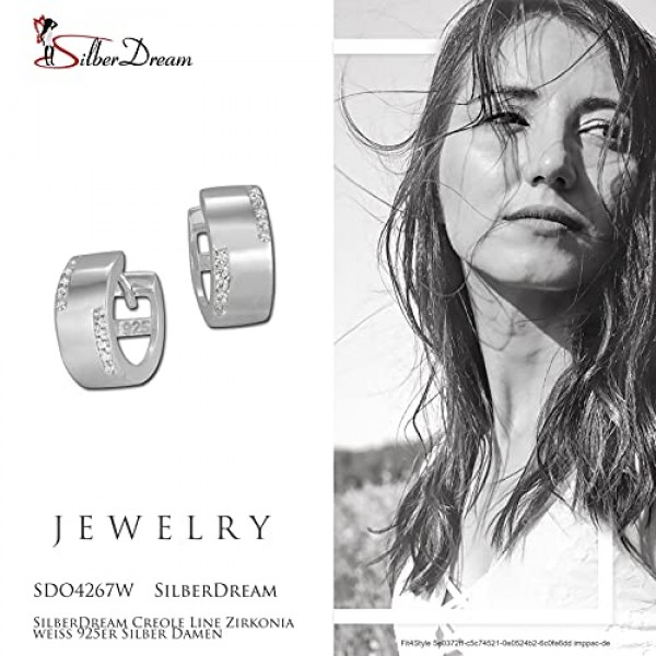 SilberDream SDO4267W SDO4267W 여성용 크리올 귀걸이 925 실버 후프 귀걸이 라인 지르코니아 화이트, 스털링 실버, 큐빅 지르코니아