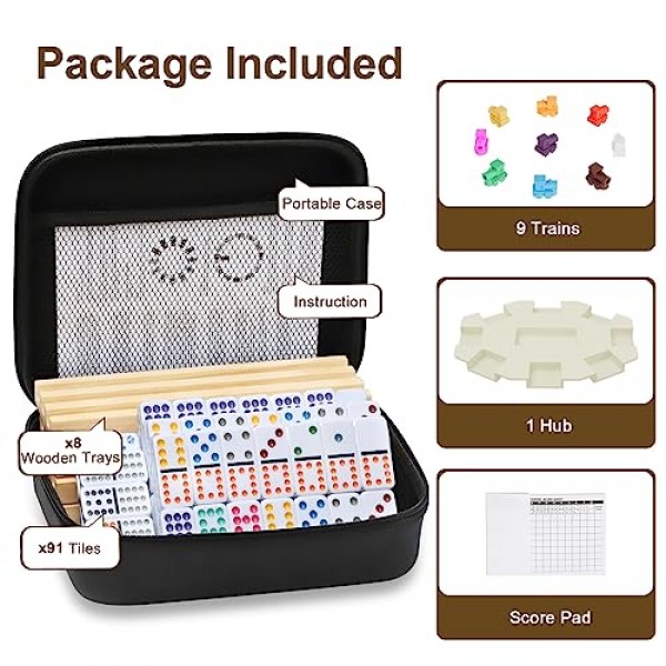 8개의 나무 쟁반/랙이 포함된 멕시코 기차 도미노 세트, 8개의 도미노 타일 홀더가 포함된 더블 12개 도미노 여행 세트, 가족 어린이를 위한 휴대용 케이스가 포함된 91
