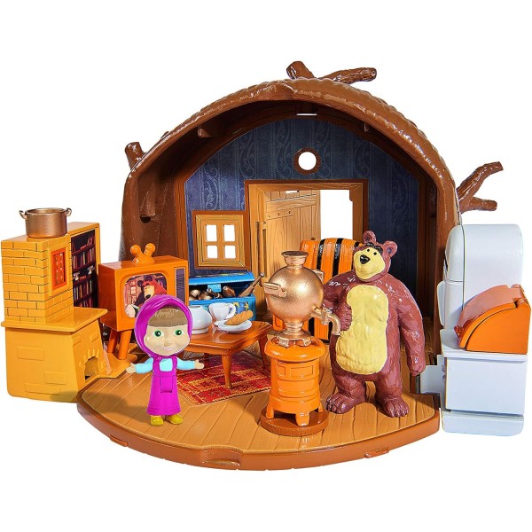 심바 109301632 - 마샤와 곰 놀이 세트 펼칠 곰집, 곰과 마샤 피규어, 많은 액세서리 포함, 펼친 상태 19x21x15cm, 3년