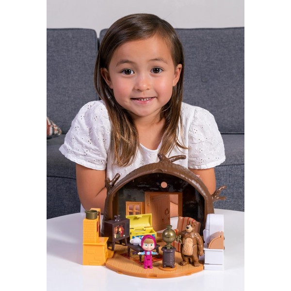 심바 109301632 - 마샤와 곰 놀이 세트 펼칠 곰집, 곰과 마샤 피규어, 많은 액세서리 포함, 펼친 상태 19x21x15cm, 3년