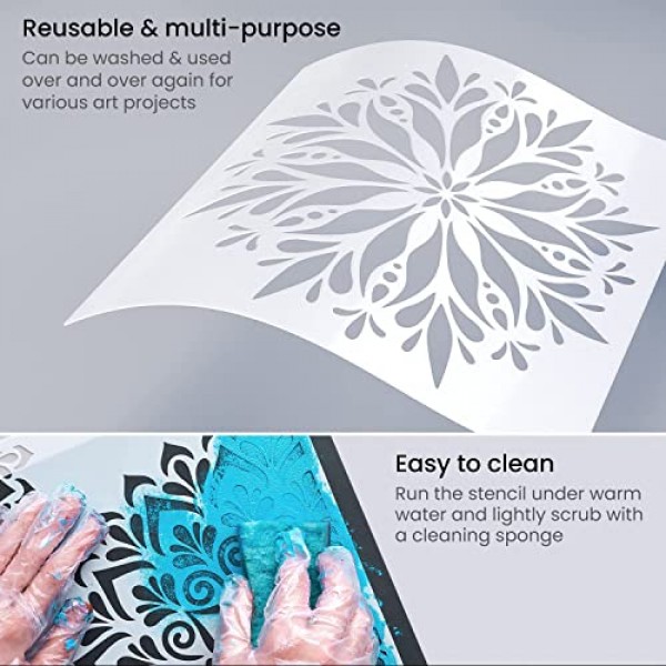 그림용 Arteza 만다라 스텐실, 12가지 독특한 디자인, 11.8 x 11.8인치, 두꺼운 플라스틱, 파티용 미술 용품, 가족 활동