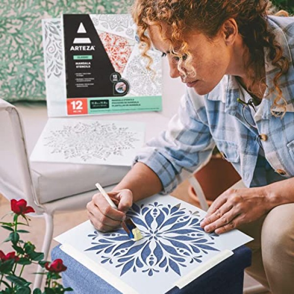 그림용 Arteza 만다라 스텐실, 12가지 독특한 디자인, 11.8 x 11.8인치, 두꺼운 플라스틱, 파티용 미술 용품, 가족 활동
