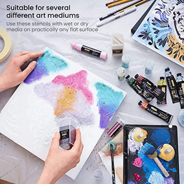 그림용 Arteza 만다라 스텐실, 12가지 독특한 디자인, 11.8 x 11.8인치, 두꺼운 플라스틱, 파티용 미술 용품, 가족 활동