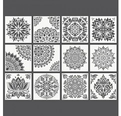 그림용 Arteza 만다라 스텐실, 12가지 독특한 디자인, 11.8 x 11.8인치, 두꺼운 플라스틱, 파티용 미술 용품, 가족 활동