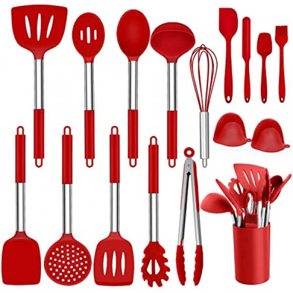 호미킷 실리콘 주방용품, 스테인레스 스틸 손잡이가 있는 17피스 조리기구 세트, 붙지 않는 내열성 주방 가전 세트, 건강하고 내구성이 뛰어나고, 식기 세척기 사용 가