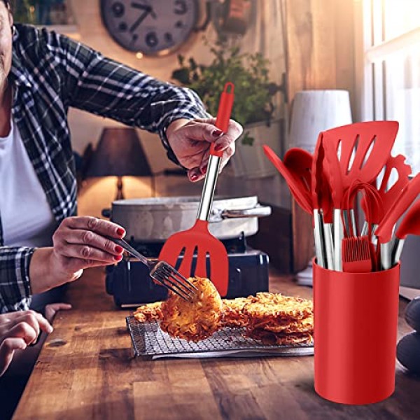 호미킷 실리콘 주방용품, 스테인레스 스틸 손잡이가 있는 17피스 조리기구 세트, 붙지 않는 내열성 주방 가전 세트, 건강하고 내구성이 뛰어나고, 식기 세척기 사용 가