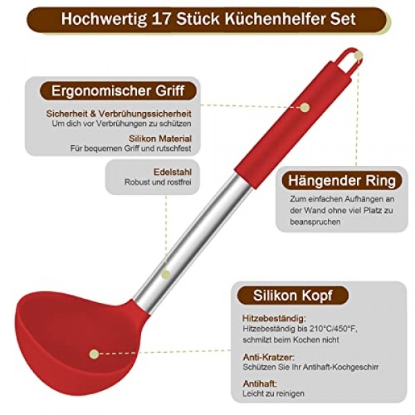 호미킷 실리콘 주방용품, 스테인레스 스틸 손잡이가 있는 17피스 조리기구 세트, 붙지 않는 내열성 주방 가전 세트, 건강하고 내구성이 뛰어나고, 식기 세척기 사용 가
