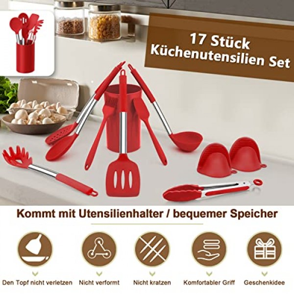 호미킷 실리콘 주방용품, 스테인레스 스틸 손잡이가 있는 17피스 조리기구 세트, 붙지 않는 내열성 주방 가전 세트, 건강하고 내구성이 뛰어나고, 식기 세척기 사용 가