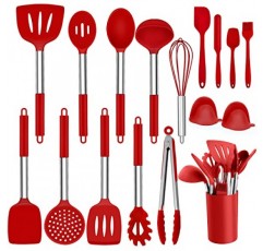 호미킷 실리콘 주방용품, 스테인레스 스틸 손잡이가 있는 17피스 조리기구 세트, 붙지 않는 내열성 주방 가전 세트, 건강하고 내구성이 뛰어나고, 식기 세척기 사용 가