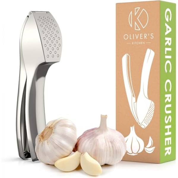 Oliver's Kitchen 프리미엄 마늘 프레스, 간편하고 쉽게 청소할 수 있으며 마늘과 생강을 쉽게 프레스할 수 있습니다(벗겨낼 필요 없음). 스타일리시한 아연 합금으로 더욱