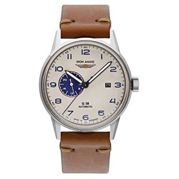 Iron Annie 남성용 시계, 빈티지 가죽 스트랩 시리즈 G38 자동 날짜 5368