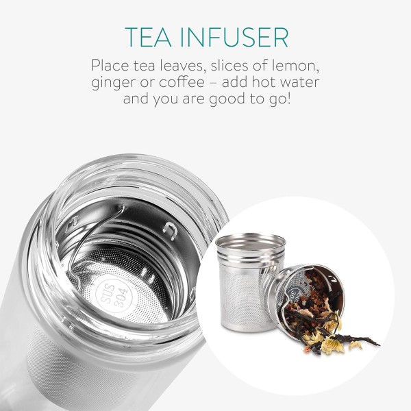 스트레이너가 있는 Navaris 유리 티 보틀 - 450ml 테이크아웃 티 보틀 찻주전자 - 여행용 음료수 병 - 생명의 꽃 커버가 있는 붕규산 유리 이중벽