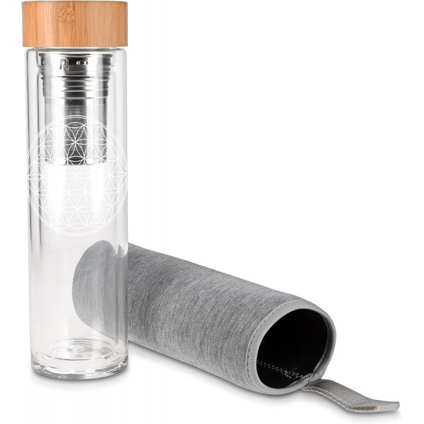 스트레이너가 있는 Navaris 유리 티 보틀 - 450ml 테이크아웃 티 보틀 찻주전자 - 여행용 음료수 병 - 생명의 꽃 커버가 있는 붕규산 유리 이중벽