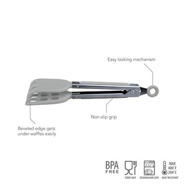 Tovolo Easy-Grip 미니 미끄럼 방지 스테인레스 스틸 손잡이, 내열성 실리콘 헤드, 와플 및 아침 식사용 주방 집게, 굴 회색