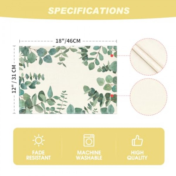 Artoid 모드 유칼립투스 잎 식탁용 여름 플레이스 매트, 12 x 18 인치 봄 계절 휴일 소박한 빈티지 세탁 가능 테이블 매트 녹색 4개 세트
