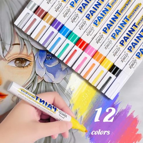 Guangna 12색 페인트 마커 세트 - 금속 및 다양한 표면을 위한 프리미엄 품질의 아트 펜 - 선명한 불투명 잉크 - 성인 색칠, DIY 프로젝트 및 그래피티 아트에 적합