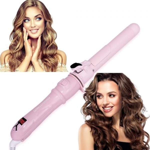 360도 회전 및 디지털 온도 표시 기능을 갖춘 자동 고데기 - 이중 전압, 1.1인치 배럴, 안전하고 사용하기 쉬운 회전식 헤어 컬러(1.3인치/32mm 컬, 핑크)