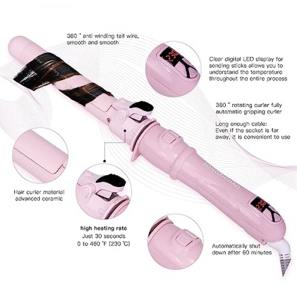 360도 회전 및 디지털 온도 표시 기능을 갖춘 자동 고데기 - 이중 전압, 1.1인치 배럴, 안전하고 사용하기 쉬운 회전식 헤어 컬러(1.3인치/32mm 컬, 핑크)