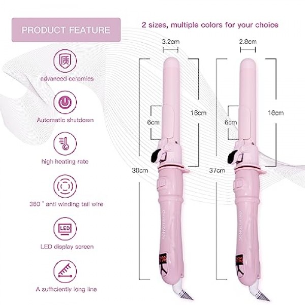 360도 회전 및 디지털 온도 표시 기능을 갖춘 자동 고데기 - 이중 전압, 1.1인치 배럴, 안전하고 사용하기 쉬운 회전식 헤어 컬러(1.3인치/32mm 컬, 핑크)