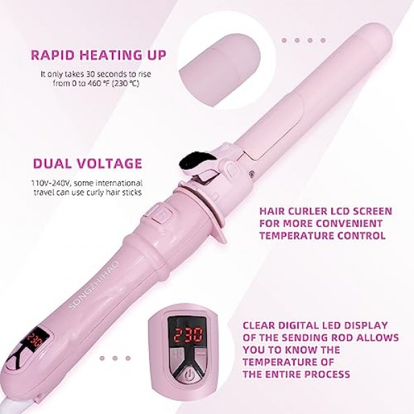 360도 회전 및 디지털 온도 표시 기능을 갖춘 자동 고데기 - 이중 전압, 1.1인치 배럴, 안전하고 사용하기 쉬운 회전식 헤어 컬러(1.3인치/32mm 컬, 핑크)