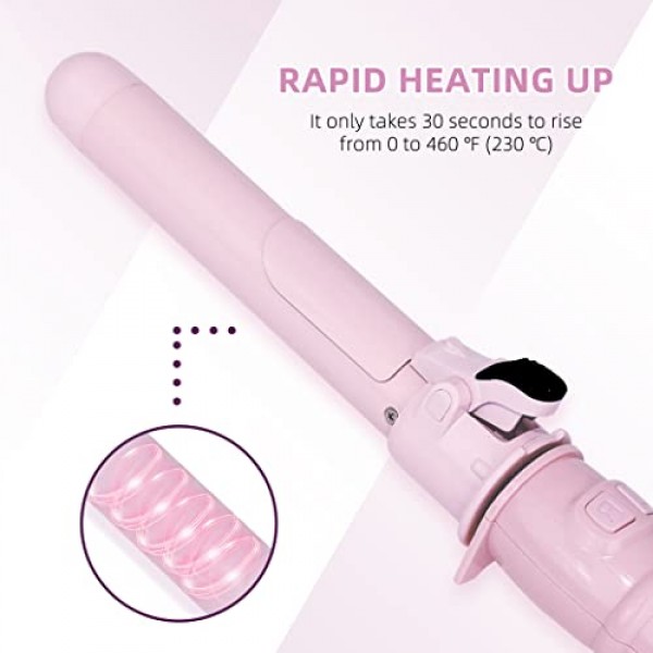 360도 회전 및 디지털 온도 표시 기능을 갖춘 자동 고데기 - 이중 전압, 1.1인치 배럴, 안전하고 사용하기 쉬운 회전식 헤어 컬러(1.3인치/32mm 컬, 핑크)