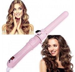 360도 회전 및 디지털 온도 표시 기능을 갖춘 자동 고데기 - 이중 전압, 1.1인치 배럴, 안전하고 사용하기 쉬운 회전식 헤어 컬러(1.3인치/32mm 컬, 핑크)