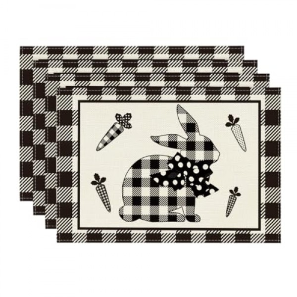 Artoid 모드 버팔로 격자 무늬 토끼 ​​당근 식탁용 부활절 플레이스 매트, 12x18 인치 봄 계절 휴일 장식 소박한 빈티지 세탁 가능 테이블 매트 4개 세트