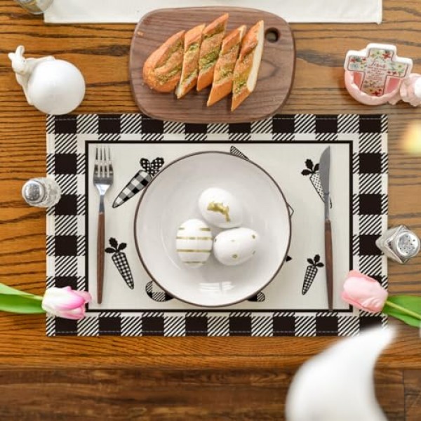 Artoid 모드 버팔로 격자 무늬 토끼 ​​당근 식탁용 부활절 플레이스 매트, 12x18 인치 봄 계절 휴일 장식 소박한 빈티지 세탁 가능 테이블 매트 4개 세트
