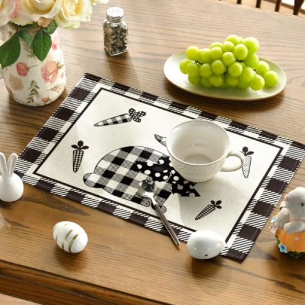 Artoid 모드 버팔로 격자 무늬 토끼 ​​당근 식탁용 부활절 플레이스 매트, 12x18 인치 봄 계절 휴일 장식 소박한 빈티지 세탁 가능 테이블 매트 4개 세트
