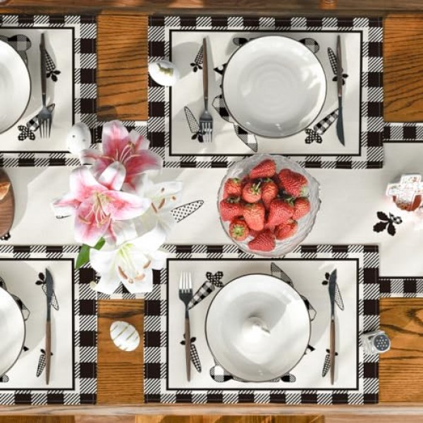 Artoid 모드 버팔로 격자 무늬 토끼 ​​당근 식탁용 부활절 플레이스 매트, 12x18 인치 봄 계절 휴일 장식 소박한 빈티지 세탁 가능 테이블 매트 4개 세트