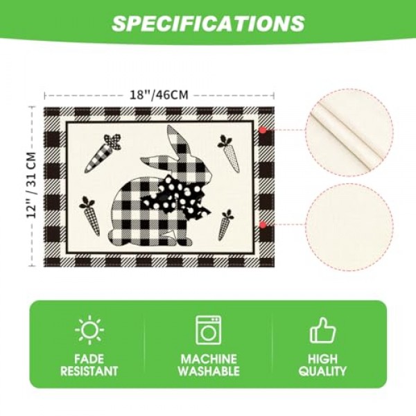 Artoid 모드 버팔로 격자 무늬 토끼 ​​당근 식탁용 부활절 플레이스 매트, 12x18 인치 봄 계절 휴일 장식 소박한 빈티지 세탁 가능 테이블 매트 4개 세트