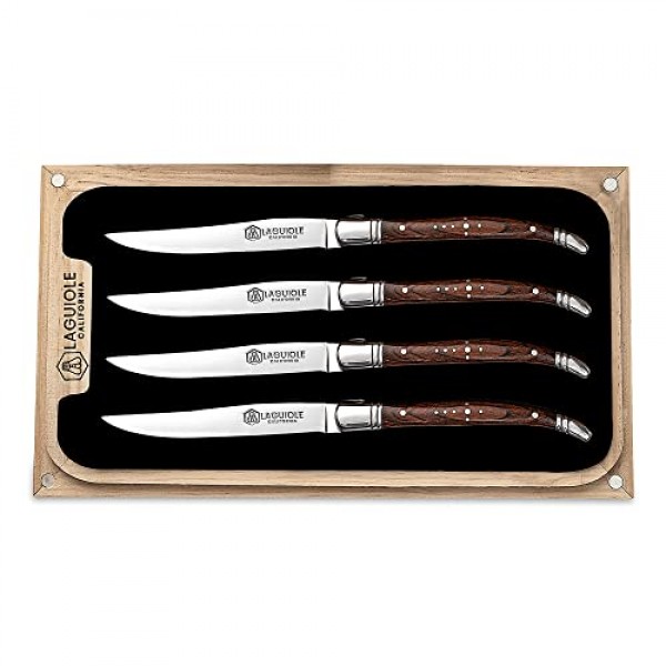 Laguiole California Steak Knives 4개 세트 - 고기 절단용 면도칼처럼 날카로운 스테인리스 스틸 직선 칼날 슬라이스 스테이크 나이프 - 캘리포니아 오크우드 상자가 있는 인체