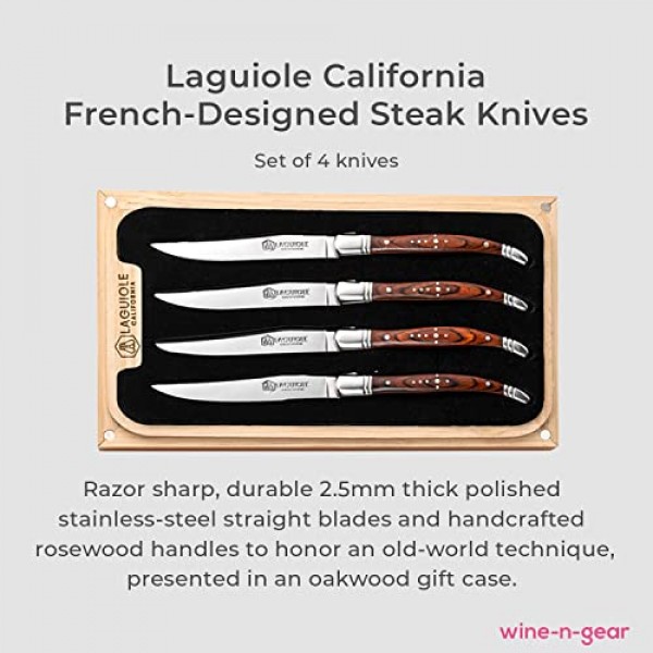 Laguiole California Steak Knives 4개 세트 - 고기 절단용 면도칼처럼 날카로운 스테인리스 스틸 직선 칼날 슬라이스 스테이크 나이프 - 캘리포니아 오크우드 상자가 있는 인체