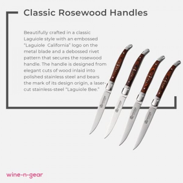 Laguiole California Steak Knives 4개 세트 - 고기 절단용 면도칼처럼 날카로운 스테인리스 스틸 직선 칼날 슬라이스 스테이크 나이프 - 캘리포니아 오크우드 상자가 있는 인체