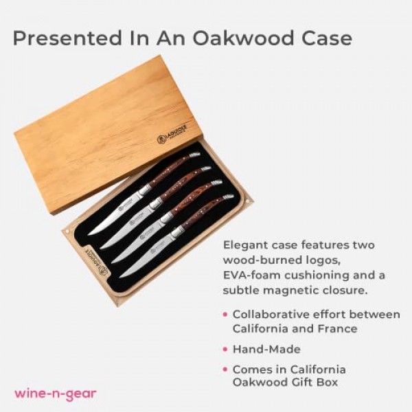 Laguiole California Steak Knives 4개 세트 - 고기 절단용 면도칼처럼 날카로운 스테인리스 스틸 직선 칼날 슬라이스 스테이크 나이프 - 캘리포니아 오크우드 상자가 있는 인체