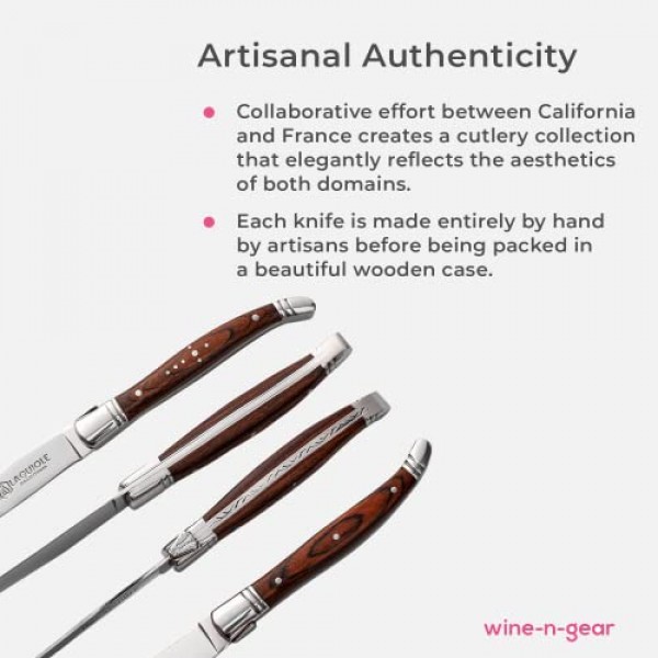 Laguiole California Steak Knives 4개 세트 - 고기 절단용 면도칼처럼 날카로운 스테인리스 스틸 직선 칼날 슬라이스 스테이크 나이프 - 캘리포니아 오크우드 상자가 있는 인체