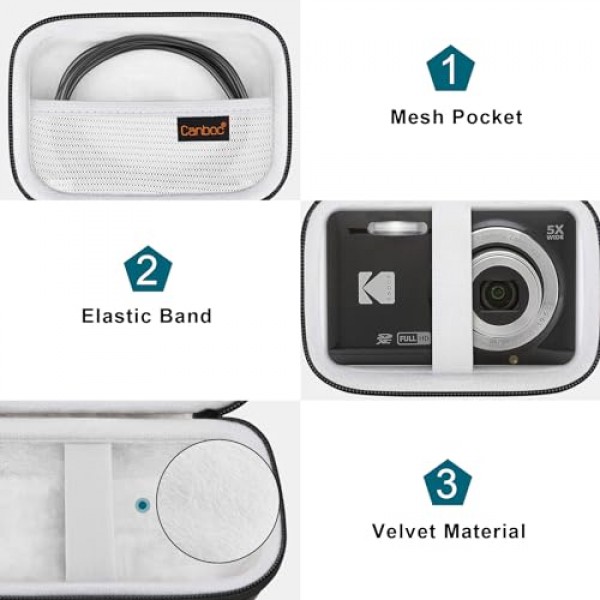 Kodak PIXPRO 친화적 줌 FZ55 / FZ45 / FZ53 16MP 디지털 카메라용 Canboc 하드 케이스, SD 카드에 맞는 메쉬 포켓, USB 충전 어댑터, USB 케이블, 블랙