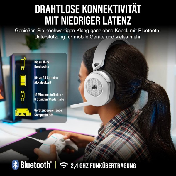 Corsair HS65 무선 게임용 헤드셋 - 낮은 대기 시간 2.4GHz 무선 또는 Bluetooth, Dolby® 오디오 7.1 서라운드 사운드, 경량, 전방향 마이크, 액세스 가능한 버튼 - 흰색 HS65 WIRELESS 