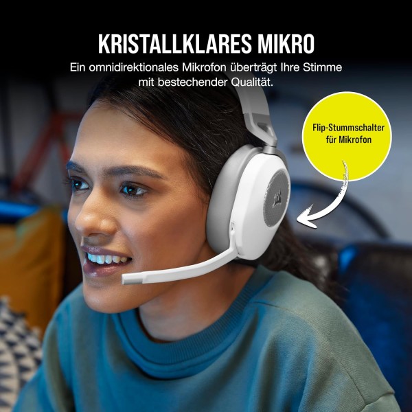 Corsair HS65 무선 게임용 헤드셋 - 낮은 대기 시간 2.4GHz 무선 또는 Bluetooth, Dolby® 오디오 7.1 서라운드 사운드, 경량, 전방향 마이크, 액세스 가능한 버튼 - 흰색 HS65 WIRELESS 
