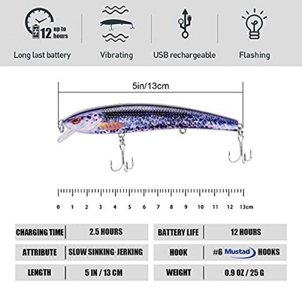 TRUSCEND 전기 트칭 저크베이트, USB 충전식 LED 조명 워블러, 다목적용 롱 캐스팅 슬로우 싱킹 플래싱 베이스 루어, 민물 바닷물용 낚시 루어, 야간 낚시