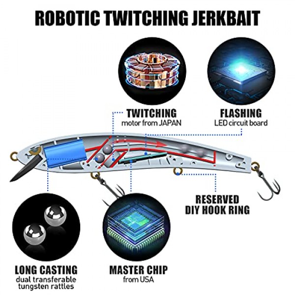 TRUSCEND 전기 트칭 저크베이트, USB 충전식 LED 조명 워블러, 다목적용 롱 캐스팅 슬로우 싱킹 플래싱 베이스 루어, 민물 바닷물용 낚시 루어, 야간 낚시
